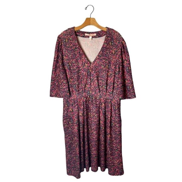 Hutch Anthropologie Pink Ditsy Floral Print V Neck Fit And Flare‎ Dress Size OX - Picture 2 of 11